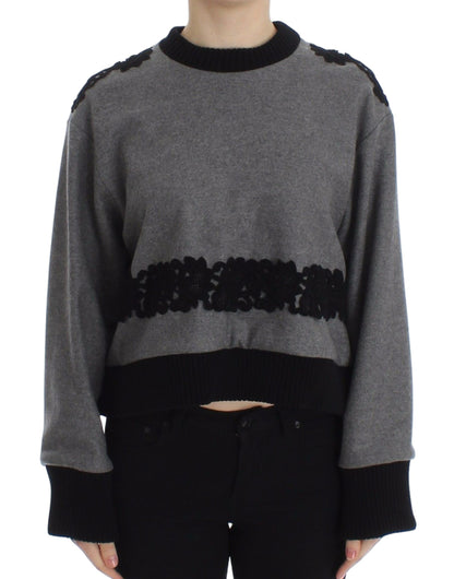 Dolce &amp; Gabbana Grau-schwarzer Woll-Kaschmirpullover mit Spitze