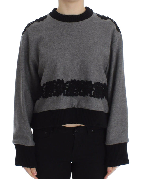Dolce &amp; Gabbana Grau-schwarzer Woll-Kaschmirpullover mit Spitze