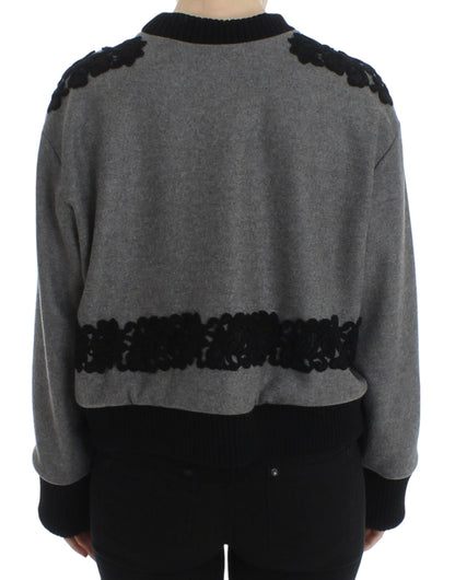 Dolce &amp; Gabbana Grau-schwarzer Woll-Kaschmirpullover mit Spitze