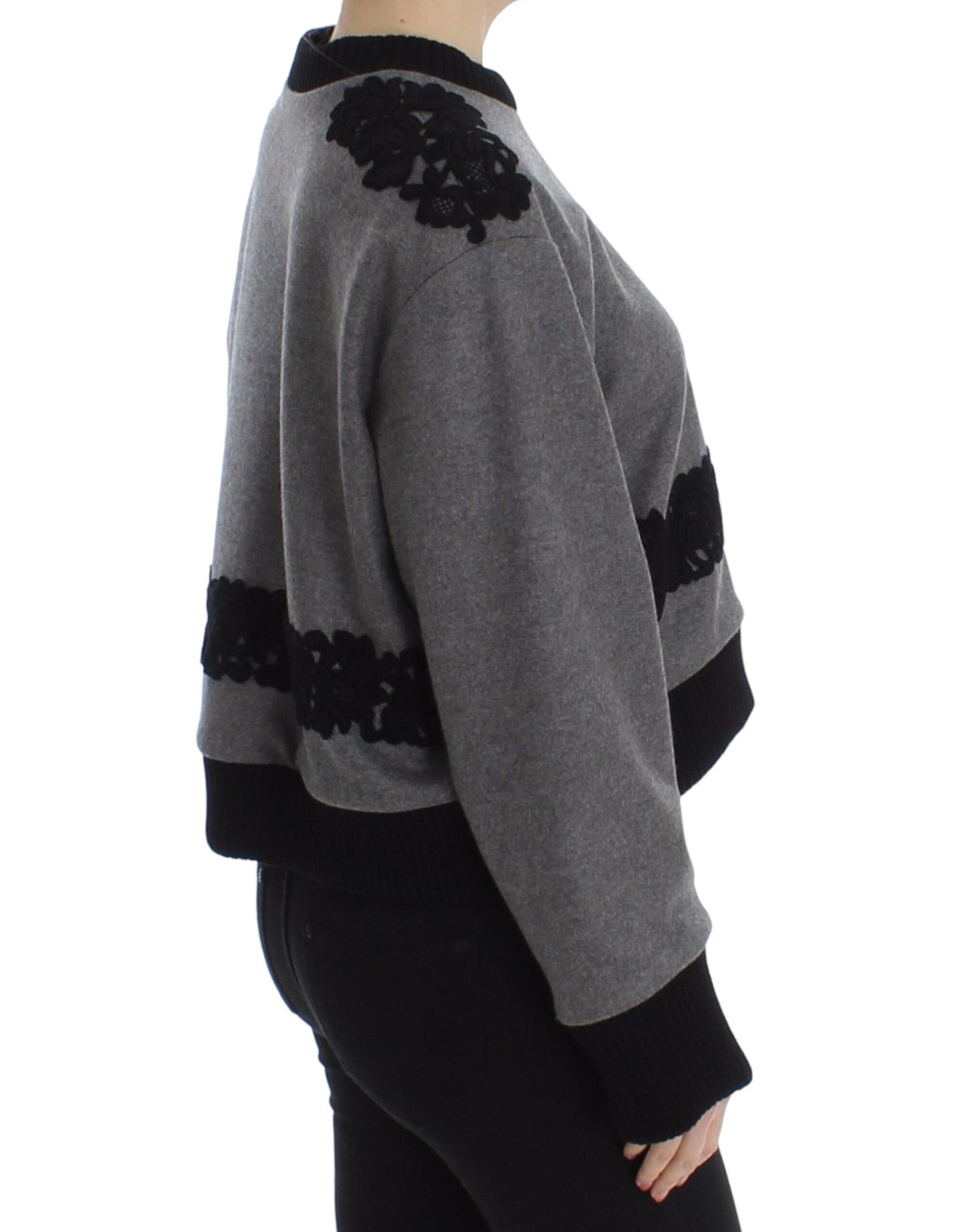 Dolce &amp; Gabbana Grau-schwarzer Woll-Kaschmirpullover mit Spitze