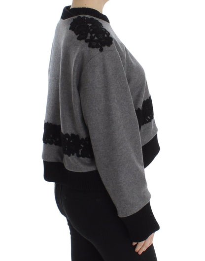 Dolce &amp; Gabbana Grau-schwarzer Woll-Kaschmirpullover mit Spitze
