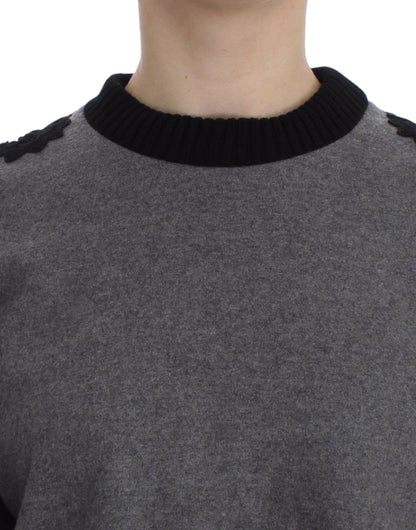 Dolce &amp; Gabbana Grau-schwarzer Woll-Kaschmirpullover mit Spitze