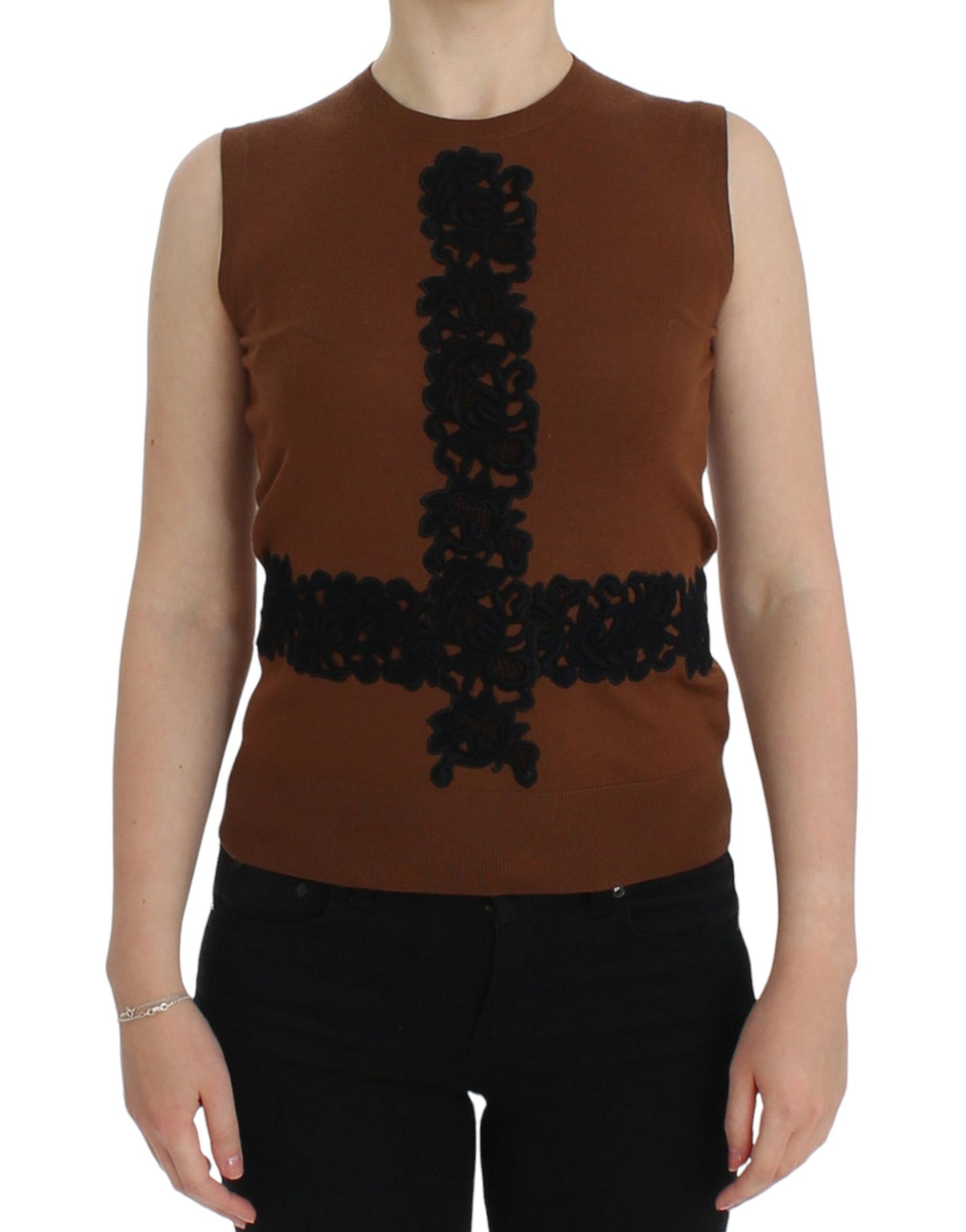 Dolce &amp; Gabbana – Weste aus brauner Wolle mit schwarzer Spitze