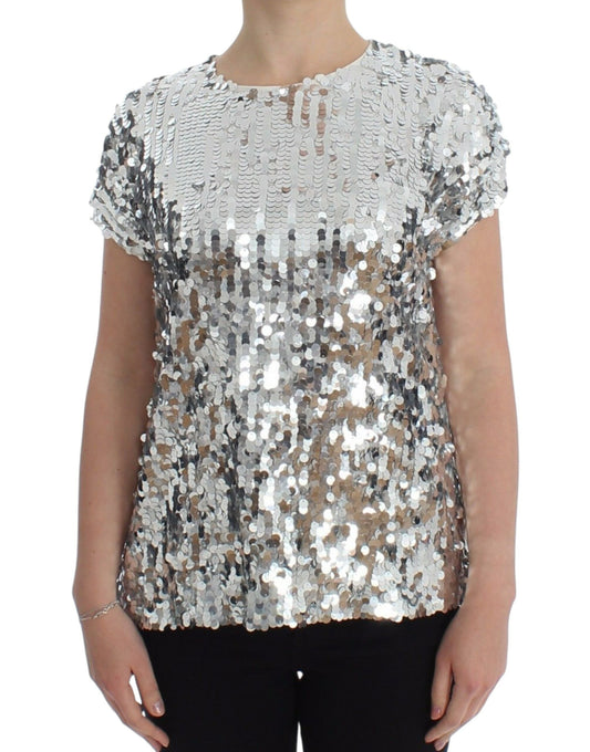 Dolce &amp; Gabbana – T-Shirt-Oberteil mit Rundhalsausschnitt und silbernen Pailletten