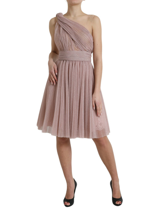 Dolce &amp; Gabbana Pink One Shoulder Pleated Lame Tulle Dress