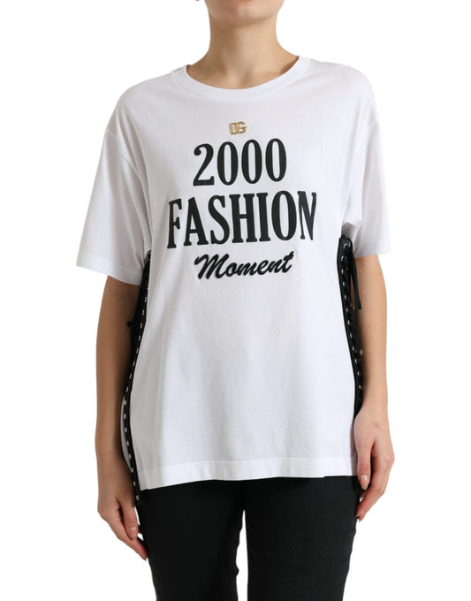 Dolce &amp; Gabbana White Slogan Print Lacing Detailed T-shirt