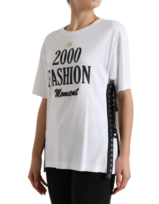 Dolce &amp; Gabbana White Slogan Print Lacing Detailed T-shirt