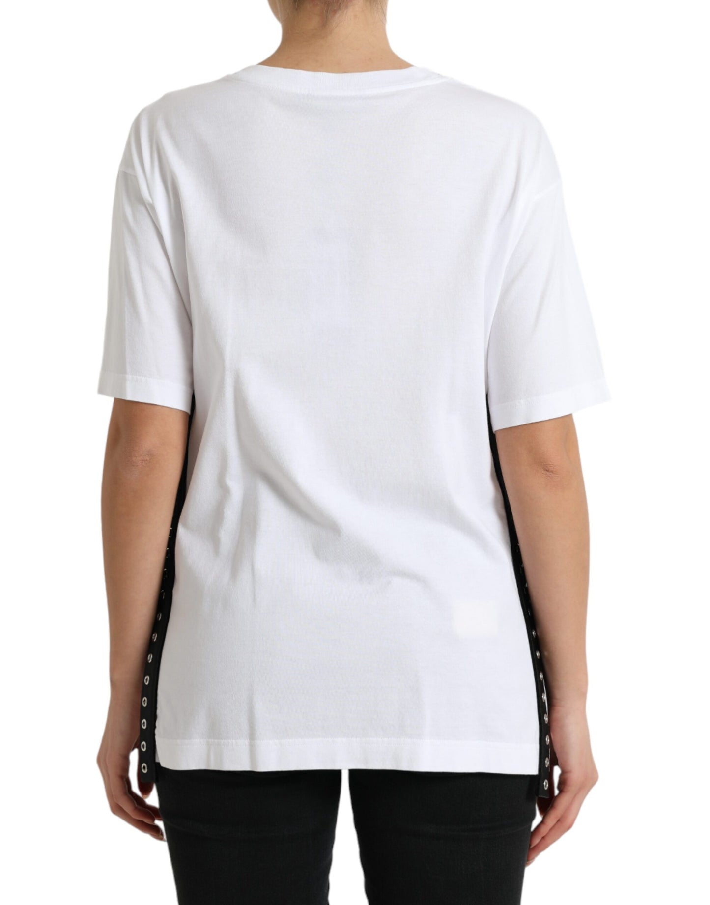 Dolce &amp; Gabbana White Slogan Print Lacing Detailed T-shirt