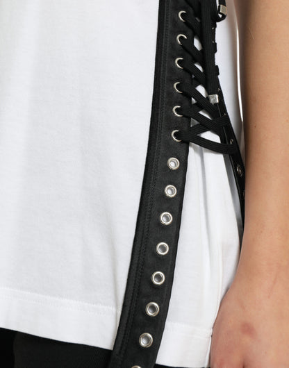 Dolce &amp; Gabbana White Slogan Print Lacing Detailed T-shirt