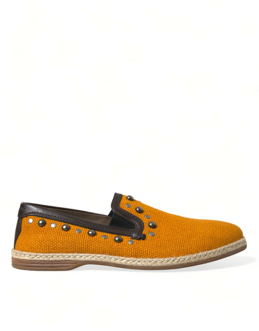 Dolce &amp; Gabbana – Orangefarbene Loafer aus Leinen und Leder mit Nieten