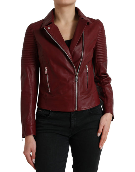 Dolce &amp; Gabbana Bordeaux Leder Bikermantel Lammfelljacke