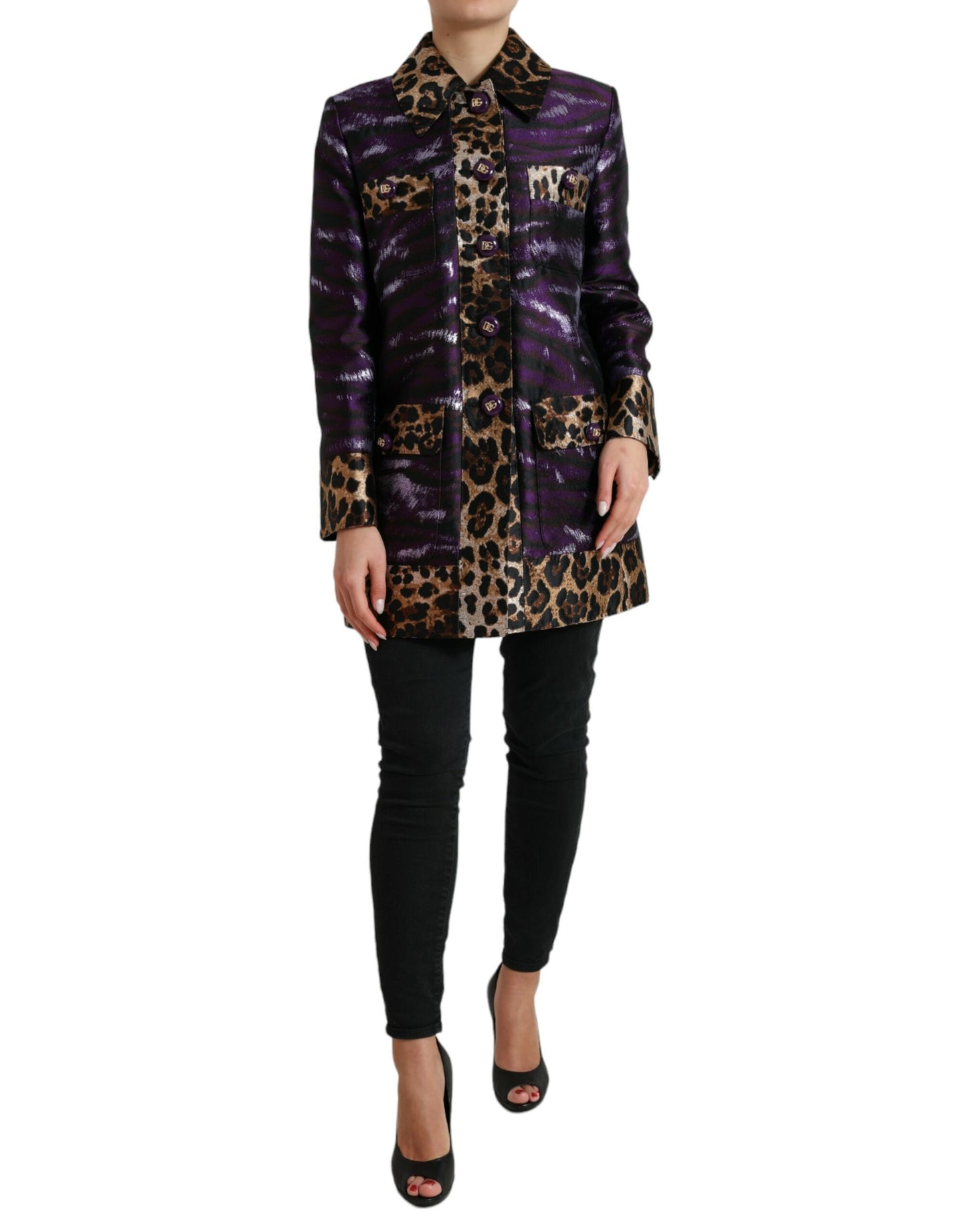 Dolce &amp; Gabbana Lila Lamé-Jacquard-Manteljacke mit Tigermuster