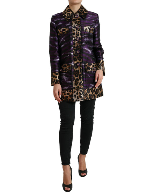 Dolce &amp; Gabbana Lila Lamé-Jacquard-Manteljacke mit Tigermuster