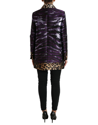 Dolce &amp; Gabbana Lila Lamé-Jacquard-Manteljacke mit Tigermuster