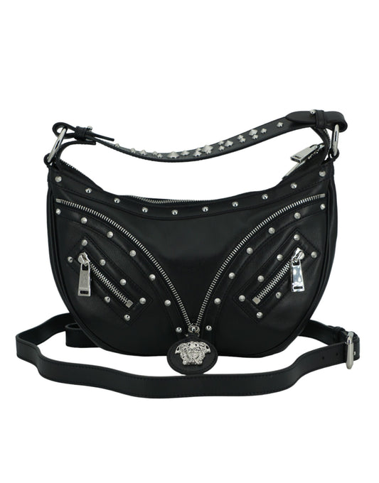 Versace Elegante Hobo-Umhängetasche aus schwarzem Leder