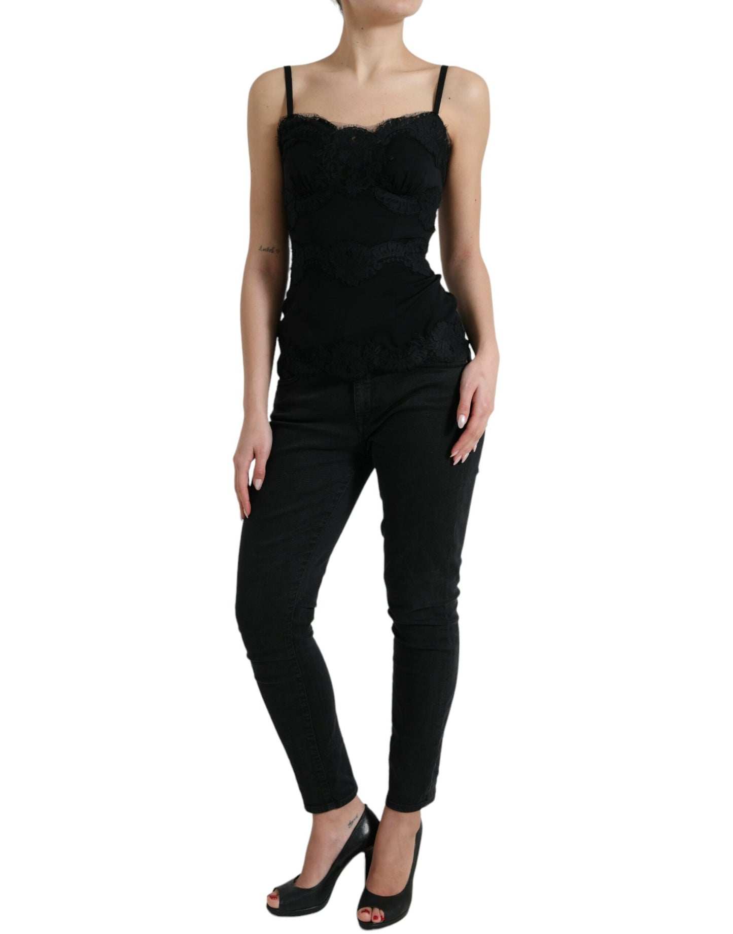 Dolce &amp; Gabbana Black Silk Stretch Lace Sleeveless Tank Top
