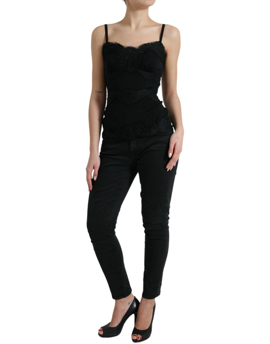 Dolce &amp; Gabbana Black Silk Stretch Lace Sleeveless Tank Top