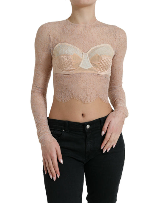 Dolce &amp; Gabbana Beige Nylon Floral Lace Bustier Cropped Top