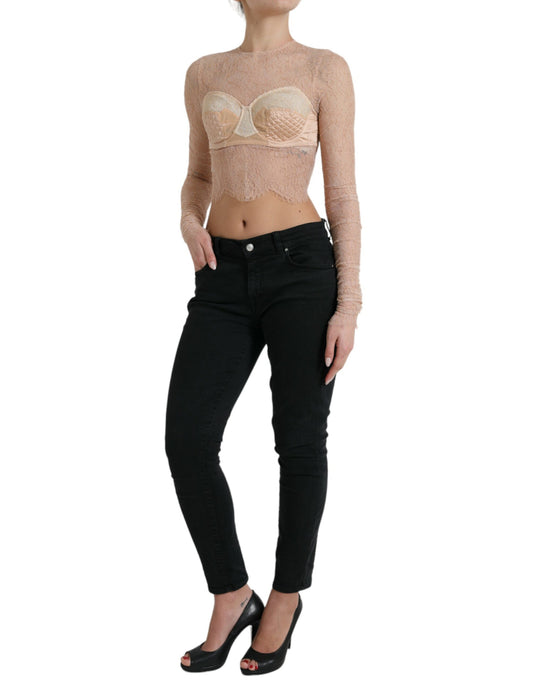 Dolce &amp; Gabbana Beige Nylon Floral Lace Bustier Cropped Top