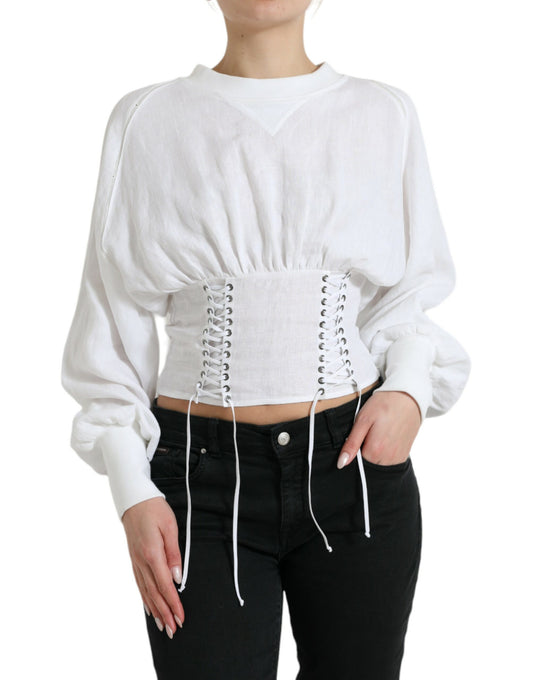 Dolce &amp; Gabbana White Cotton Corset Cropped Long Sleeves Top
