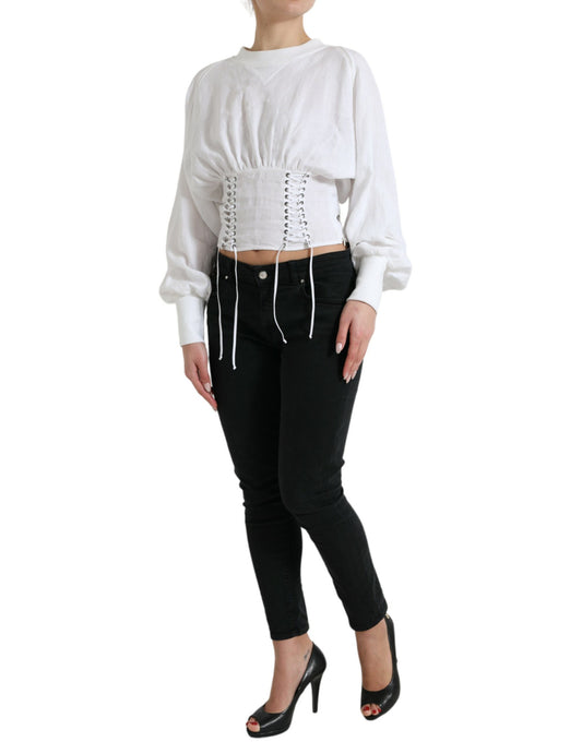 Dolce &amp; Gabbana White Cotton Corset Cropped Long Sleeves Top