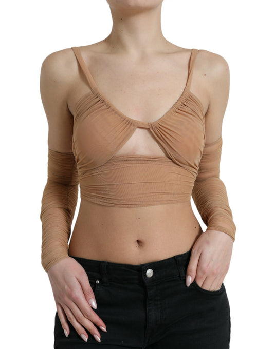 Dolce &amp; Gabbana Brown Nylon Stretch Open Shoulder Cropped Top