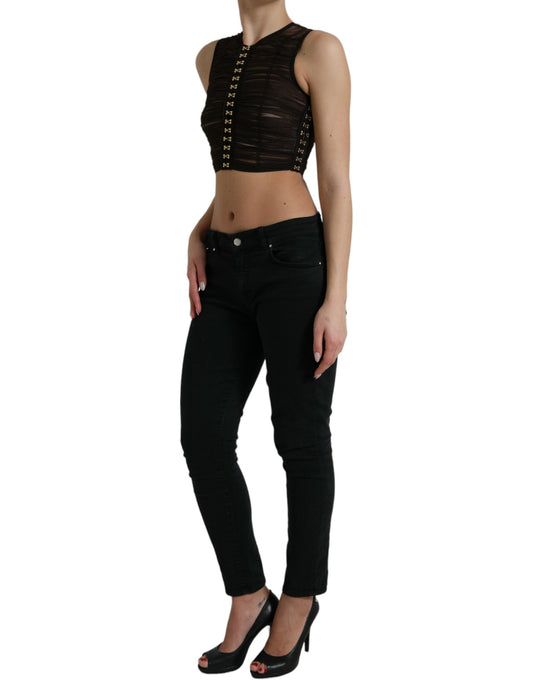 Dolce &amp; Gabbana Brown Embellished Nylon Stretch Cropped Top