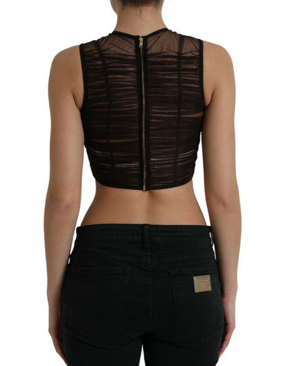 Dolce &amp; Gabbana Brown Embellished Nylon Stretch Cropped Top