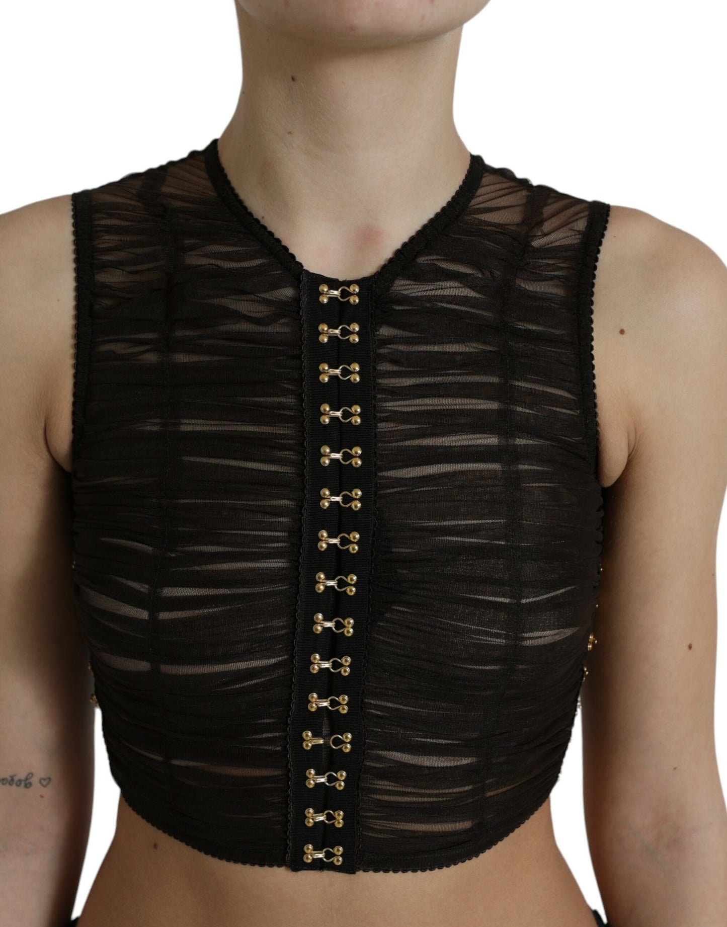 Dolce &amp; Gabbana Brown Embellished Nylon Stretch Cropped Top