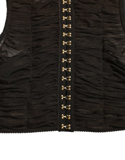 Dolce &amp; Gabbana Brown Embellished Nylon Stretch Cropped Top