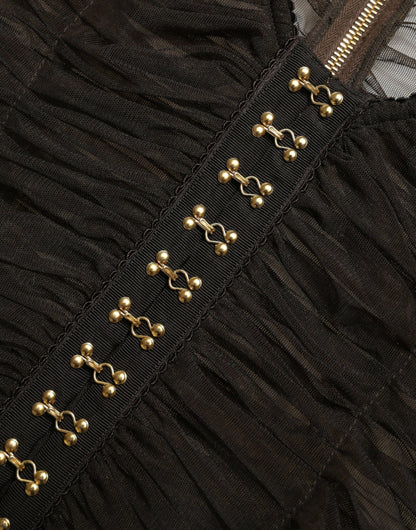 Dolce &amp; Gabbana Brown Embellished Nylon Stretch Cropped Top