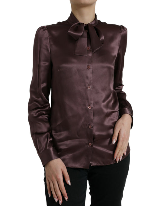 Dolce &amp; Gabbana Brown Silk Ascot Collar Long Sleeve Blouse Top