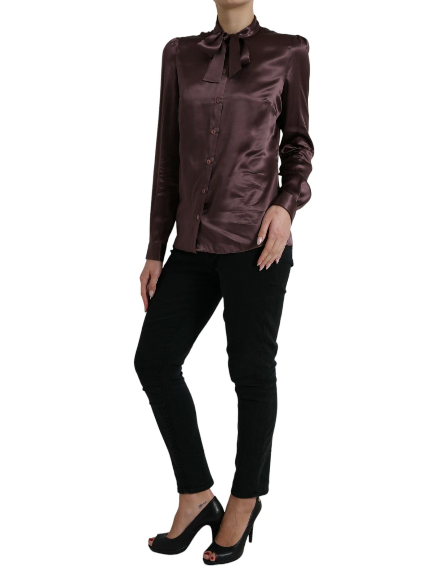 Dolce &amp; Gabbana Brown Silk Ascot Collar Long Sleeve Blouse Top