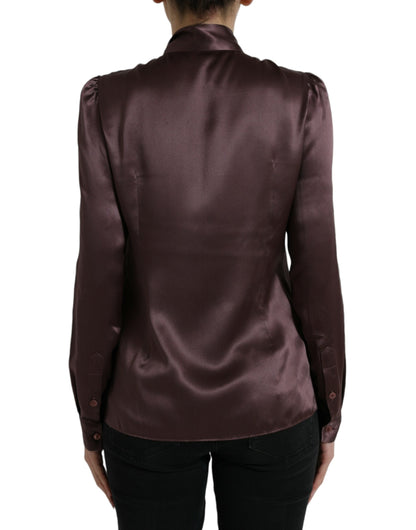 Dolce &amp; Gabbana Brown Silk Ascot Collar Long Sleeve Blouse Top