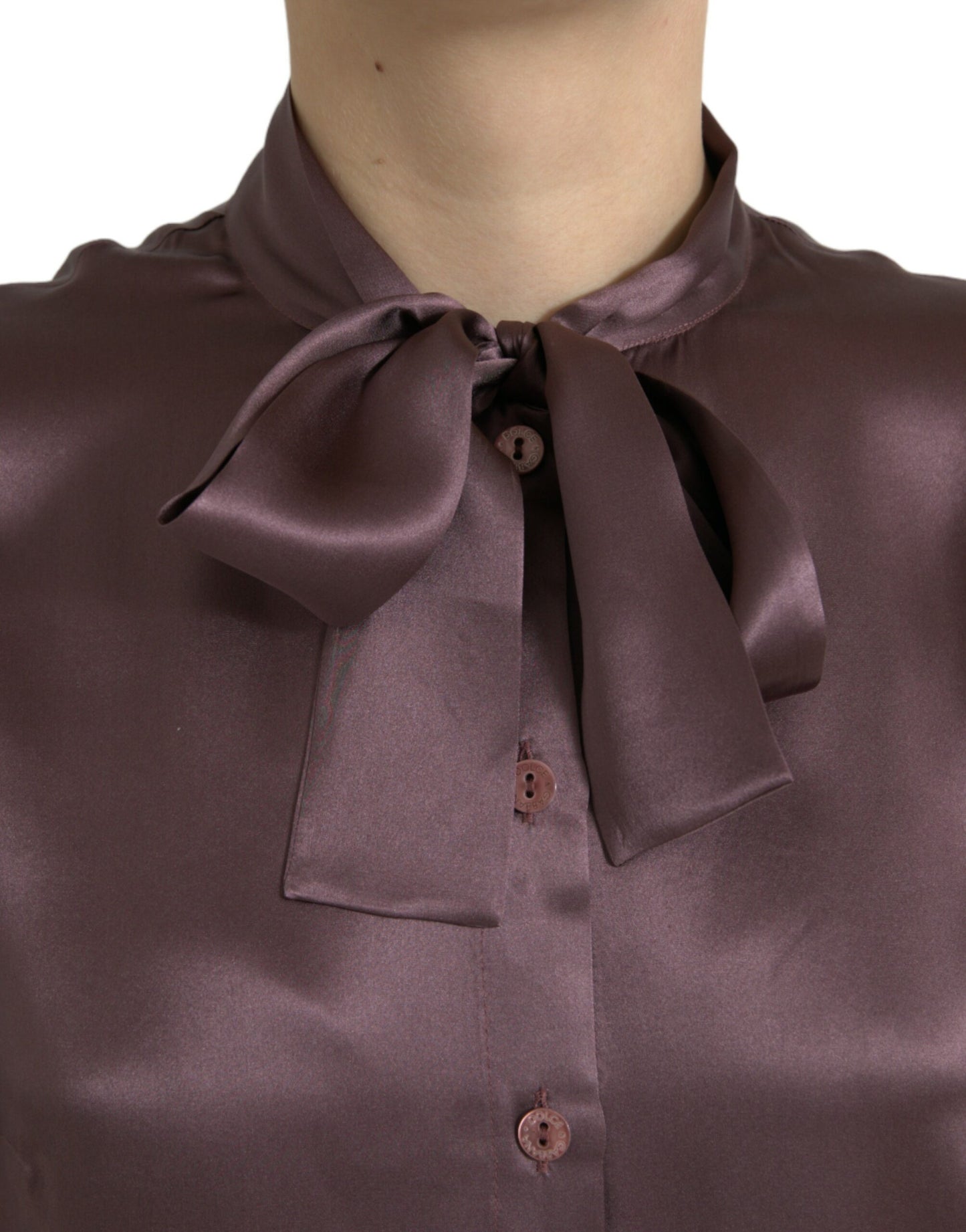 Dolce &amp; Gabbana Brown Silk Ascot Collar Long Sleeve Blouse Top