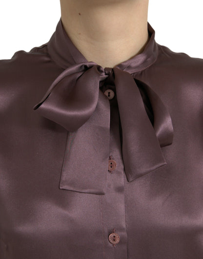 Dolce &amp; Gabbana Brown Silk Ascot Collar Long Sleeve Blouse Top