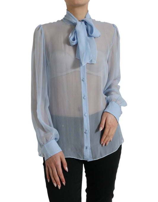 Dolce &amp; Gabbana Blue Long Sleeves Ascot Collar Blouse Top