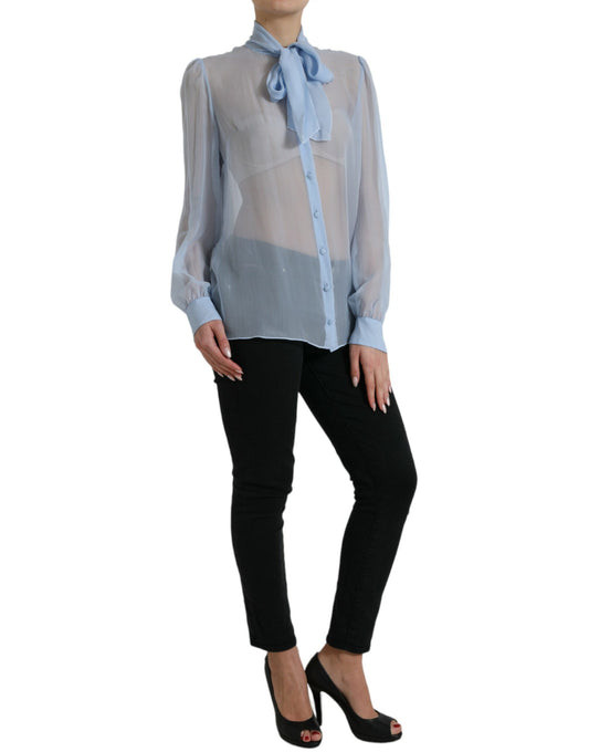 Dolce &amp; Gabbana Blue Long Sleeves Ascot Collar Blouse Top