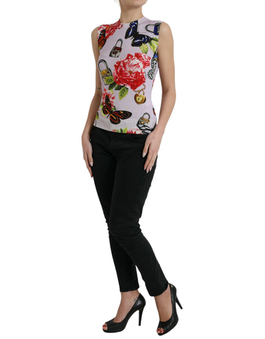 Dolce &amp; Gabbana Multicolor Floral Padlock Butterfly Tank Top
