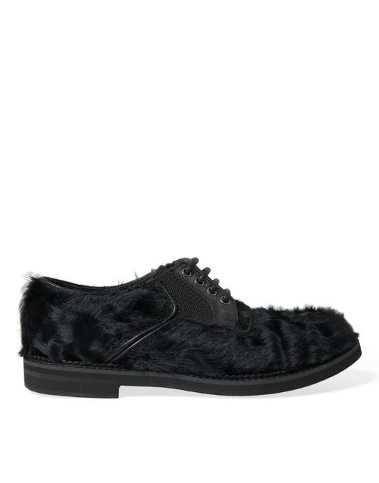 Dolce &amp; Gabbana – Derby-Schuhe mit Schnürung aus schwarzem Pelz und Leder
