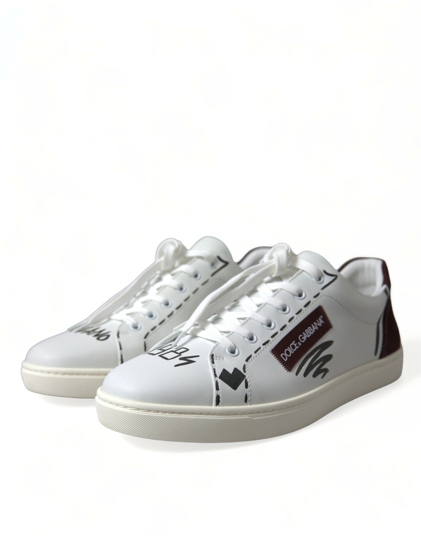 Dolce &amp; Gabbana Weiß Bordeaux Leder Logo Low Top Sneakers Schuhe