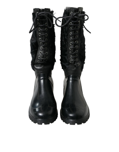 Dolce &amp; Gabbana – Regenstiefel aus schwarzem Gummi mit Schnürung und Lammfell