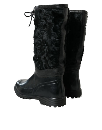 Dolce &amp; Gabbana – Regenstiefel aus schwarzem Gummi mit Schnürung und Lammfell