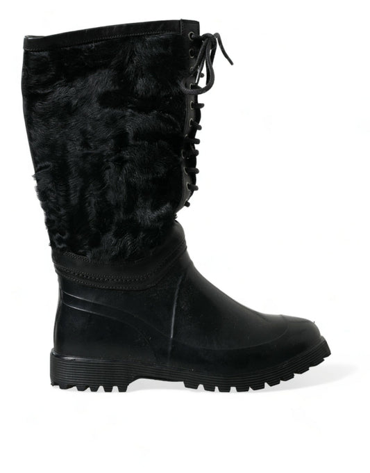 Dolce &amp; Gabbana – Regenstiefel aus schwarzem Gummi mit Schnürung und Lammfell