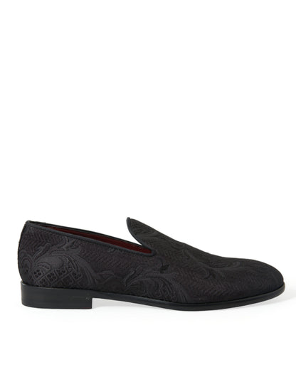Dolce &amp; Gabbana Black Brocade Men Slip On Loafer Dress Shoes