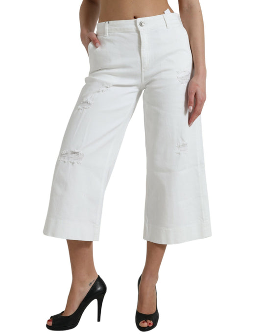 Dolce &amp; Gabbana White Cotton Cropped Wide Leg Denim Jeans