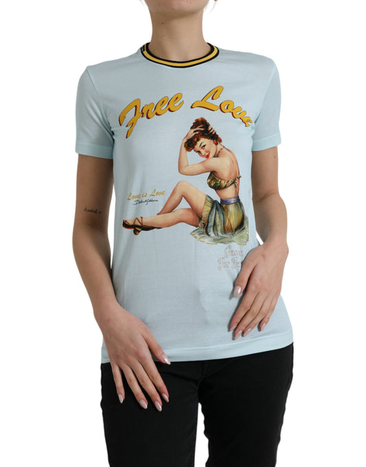 Dolce &amp; Gabbana Light Blue Cotton Free Love Crew Neck T-shirt
