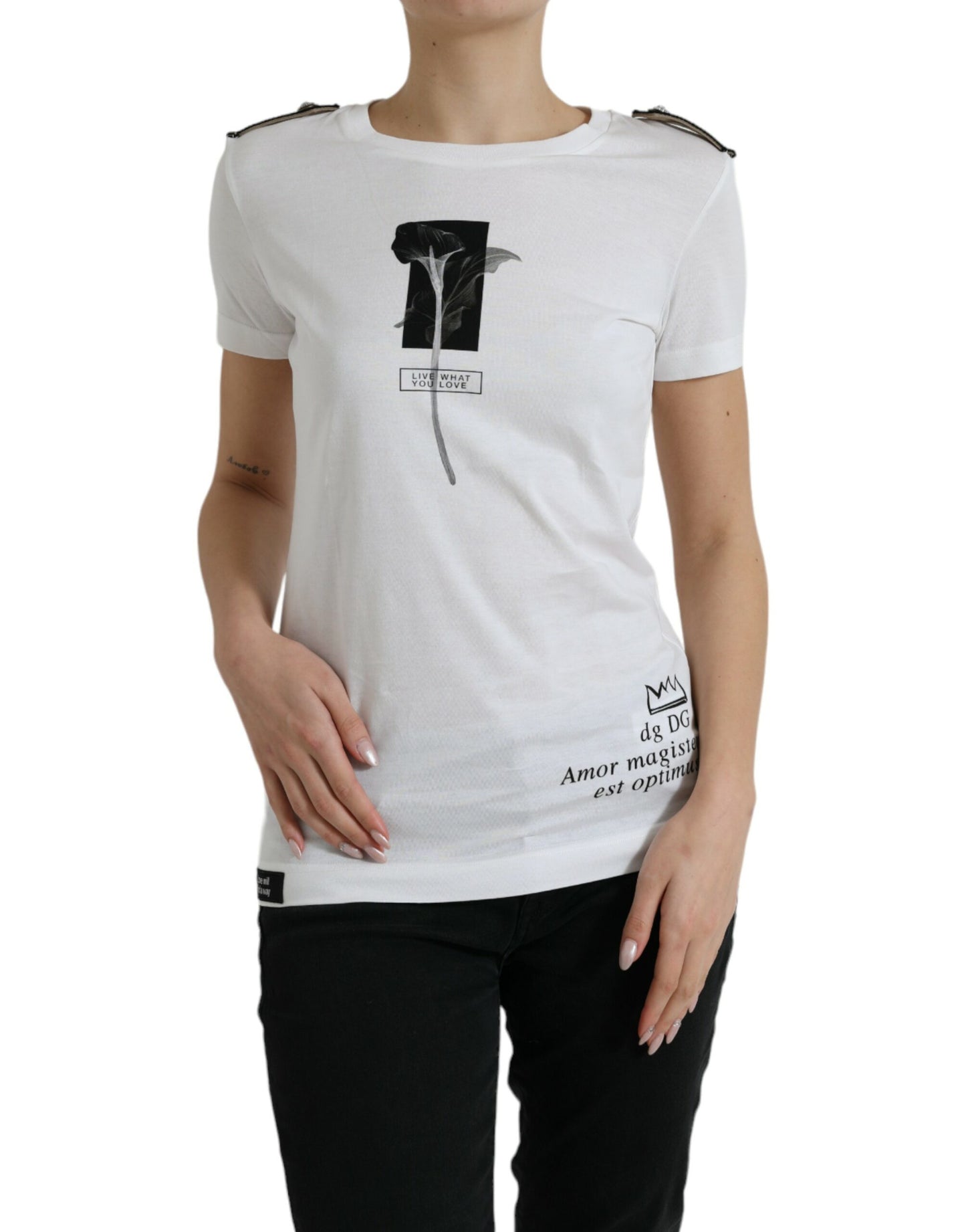 Dolce &amp; Gabbana White Black Roses Crewneck Cotton T-shirt