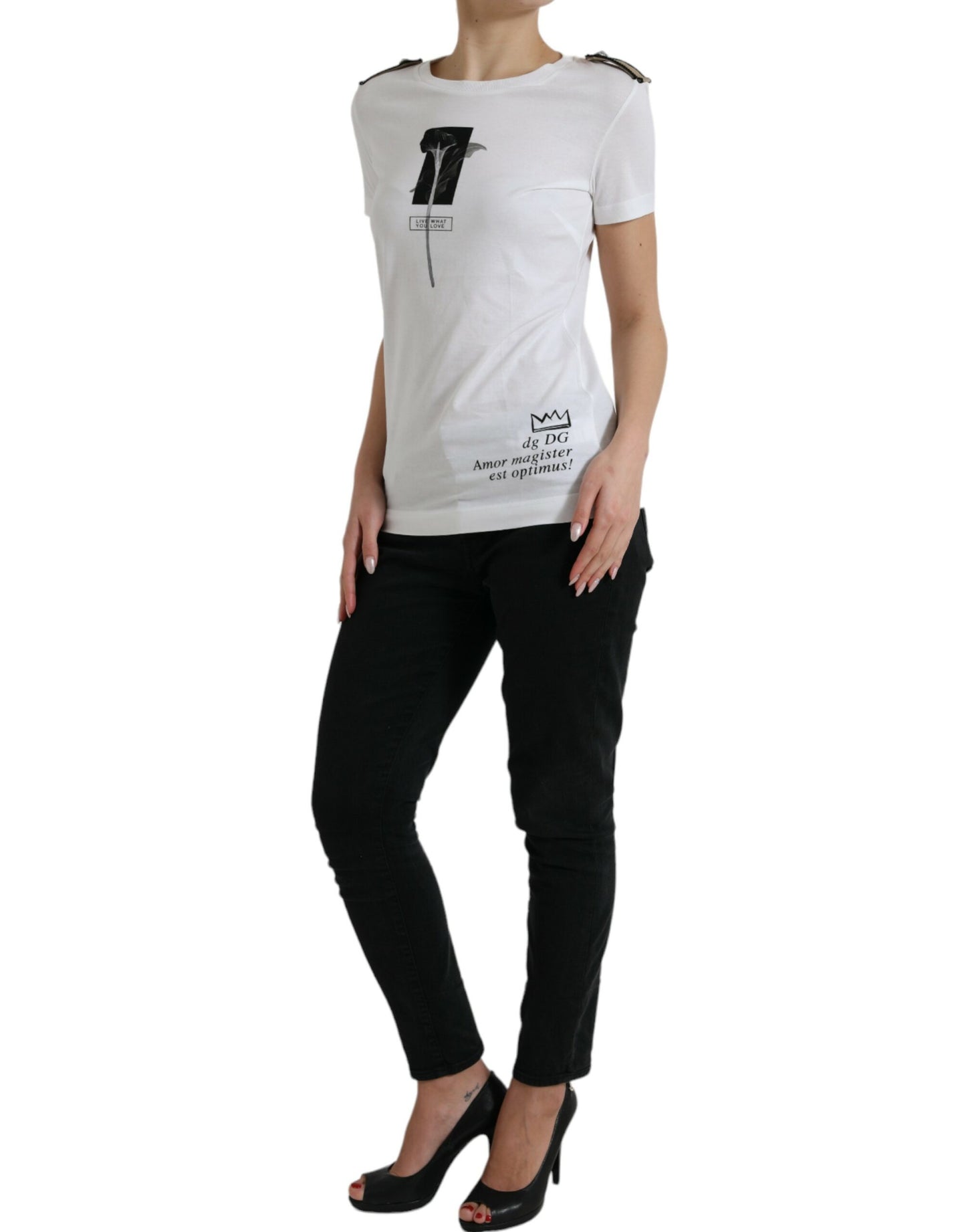 Dolce &amp; Gabbana White Black Roses Crewneck Cotton T-shirt