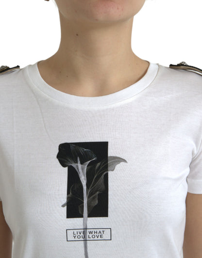 Dolce &amp; Gabbana White Black Roses Crewneck Cotton T-shirt